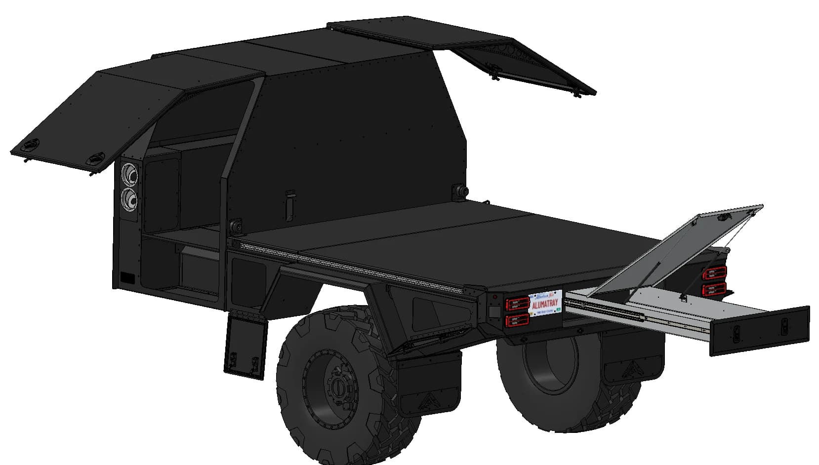 CAD drawing of the Aluma Tray HD-84, front three quarter view, with the gullwing doors raised on both sides of the garage and the rear drawer slid out