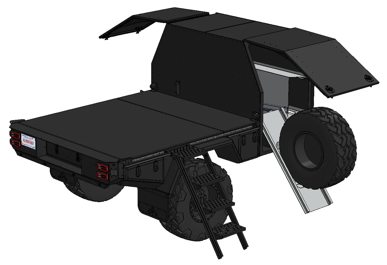 CAD drawing of the Aluma Tray HD-84 from the rear three quarter, gullwing doors raised, the spare tire on its slide-out carrier and the folding stairs set down beside the deck