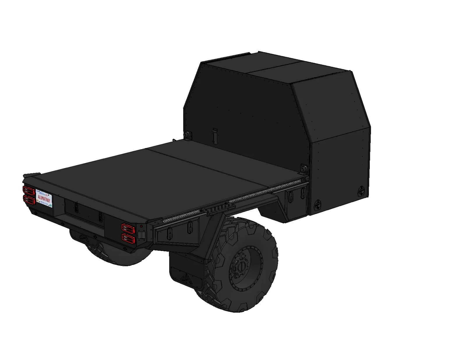 CAD drawing of the Aluma Tray HD-84 from the rear three quarter with every door closed, showing the full deck and the garage behind it