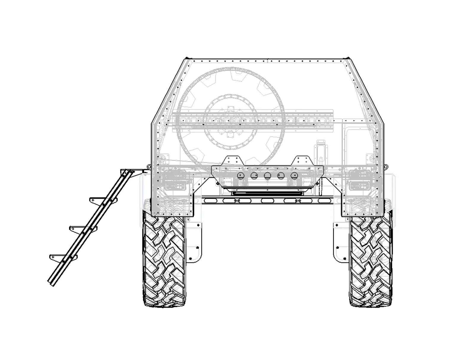 Ghosted line elevation of the Aluma Tray HD-84 garage with the gullwing doors closed, the spare tire drawn inside it and the folding stairs set down on the left