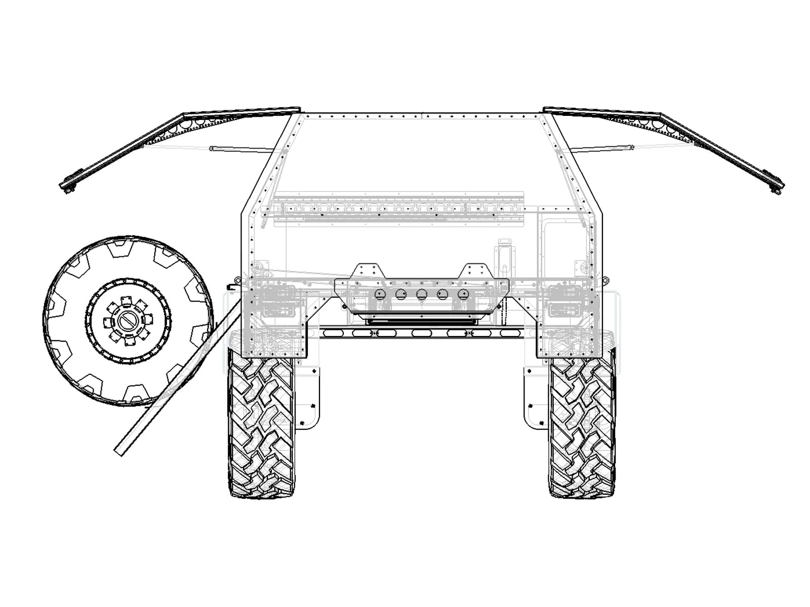 Ghosted line elevation of the Aluma Tray HD-84 with the gullwing doors raised and the spare tire lowered clear of the garage on its carrier