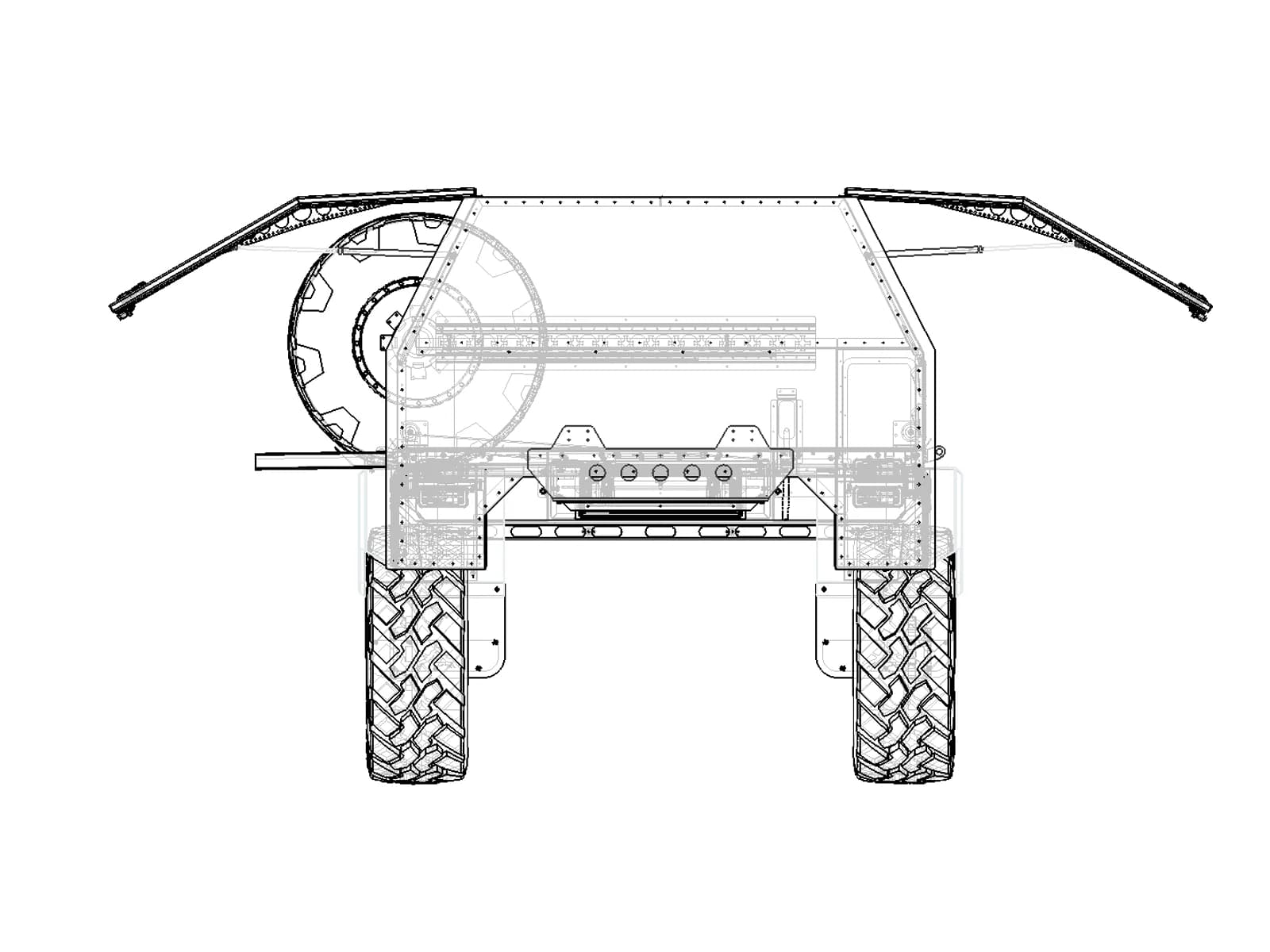 Ghosted line elevation of the Aluma Tray HD-84 with the gullwing doors raised and the spare tire part way out of the garage on its carrier