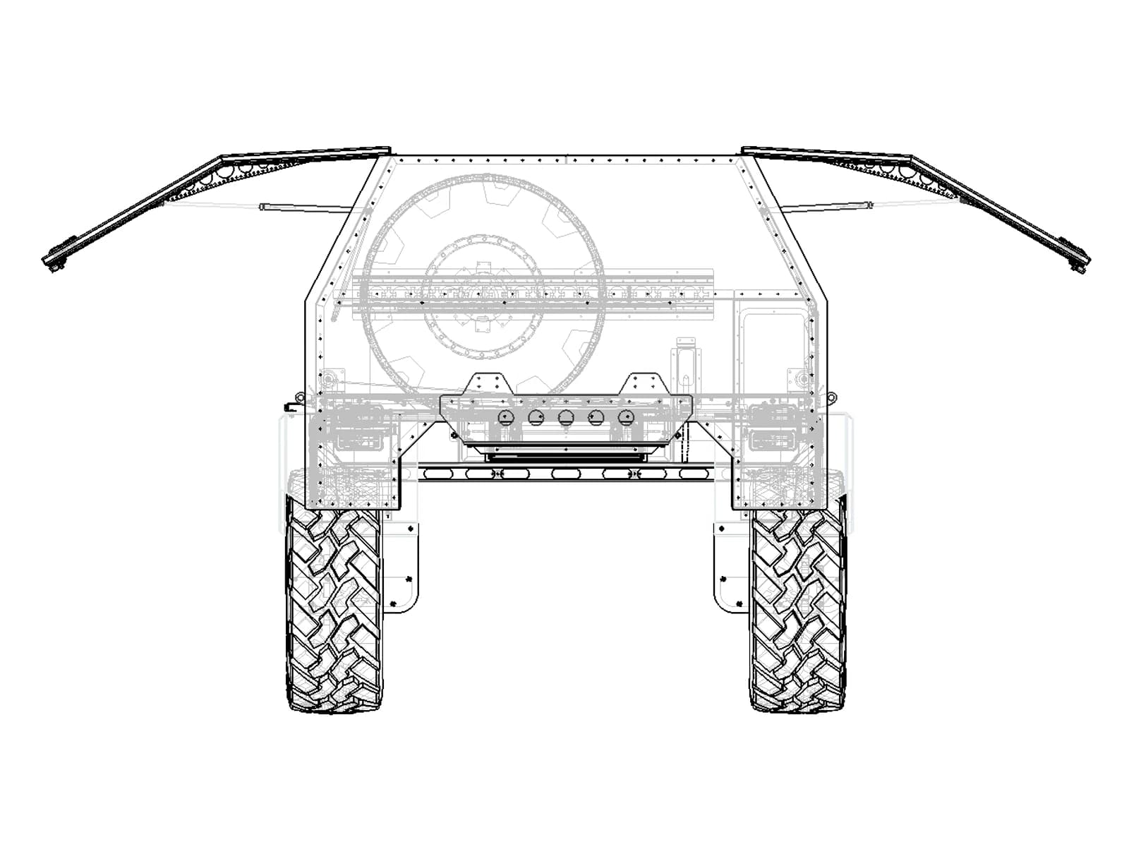Ghosted line elevation of the Aluma Tray HD-84 with both gullwing doors raised and the spare tire stowed inside the garage