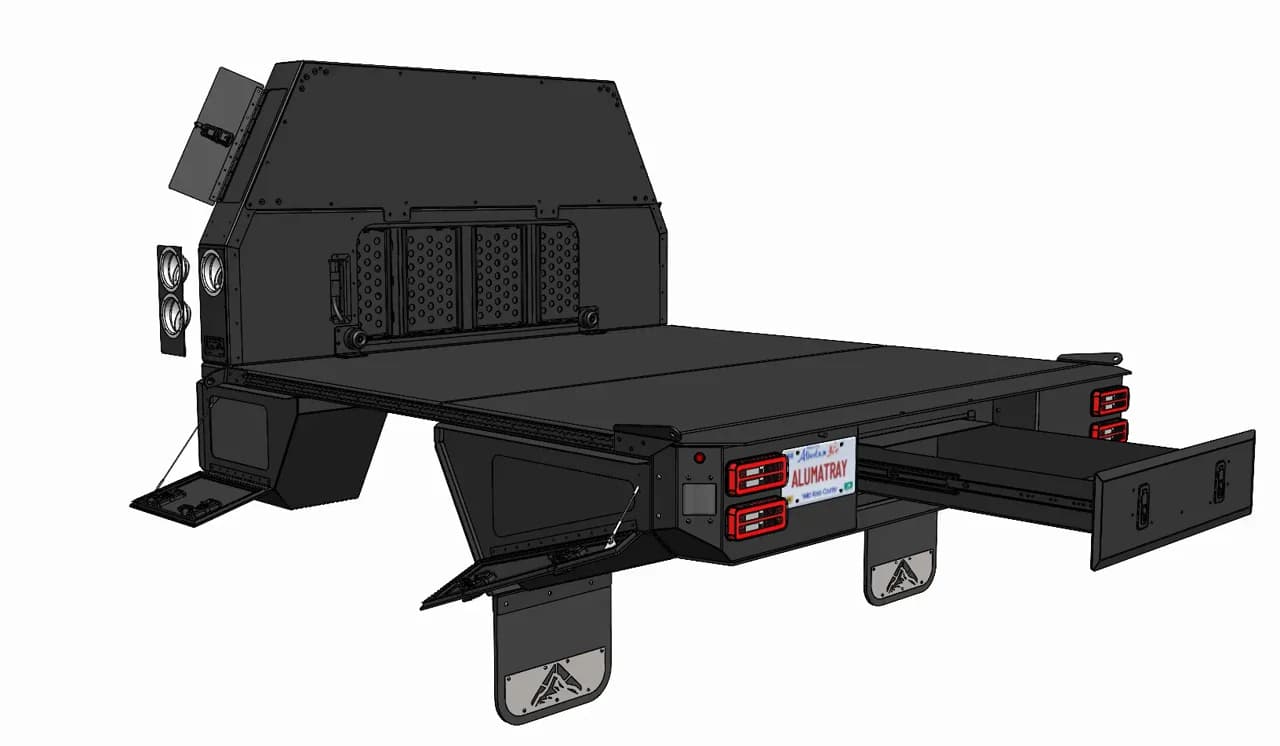 Engineering render of the Aluma Tray 6.75 foot flatbed turning a full circle with every storage box door, the bulkhead compartment and the rear drawer open