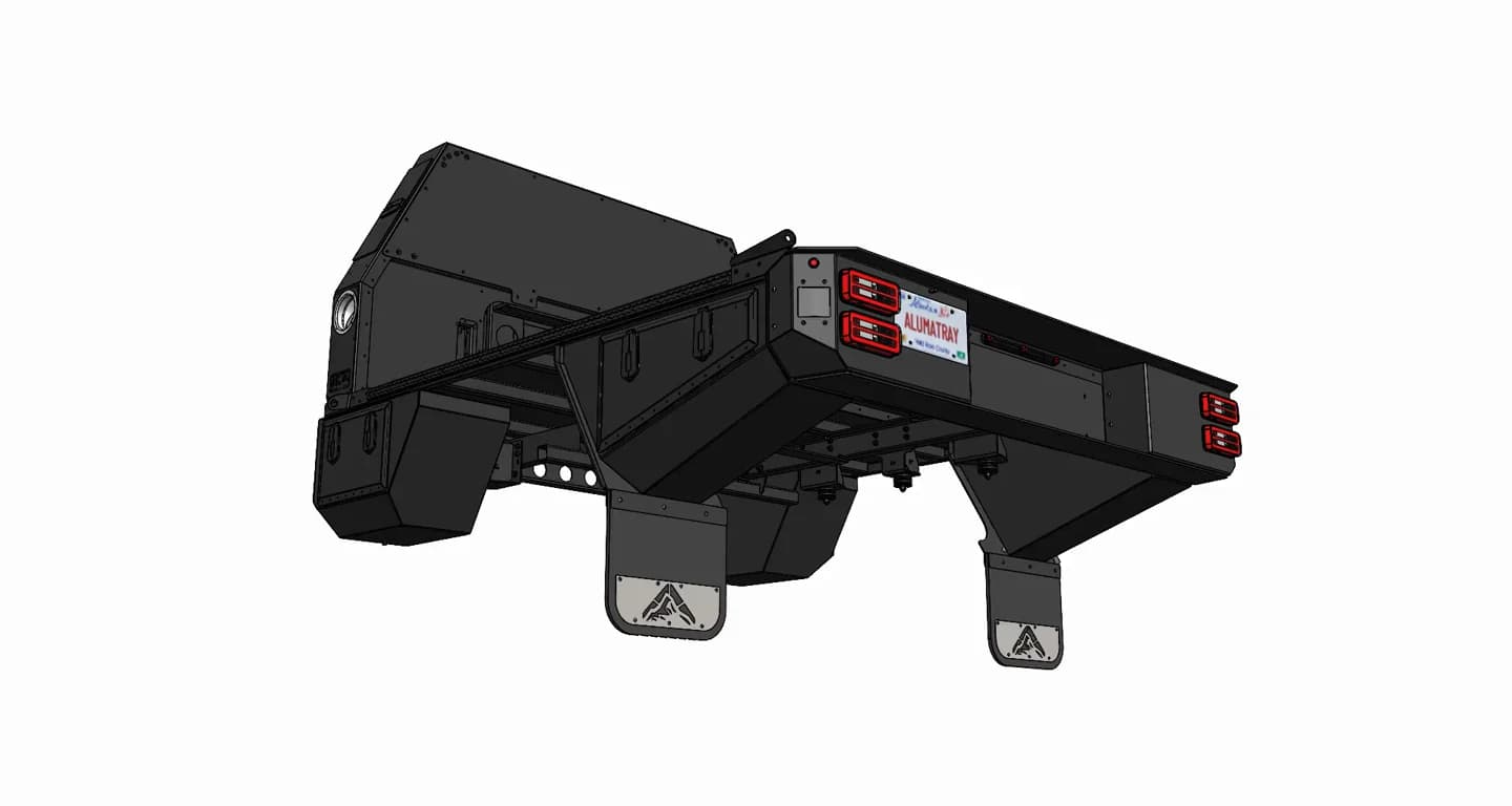 Engineering render of the Aluma Tray 6.75 foot flatbed seen from underneath, turning to show the SIL rails, the tray to chassis mounts and the isolation bushings