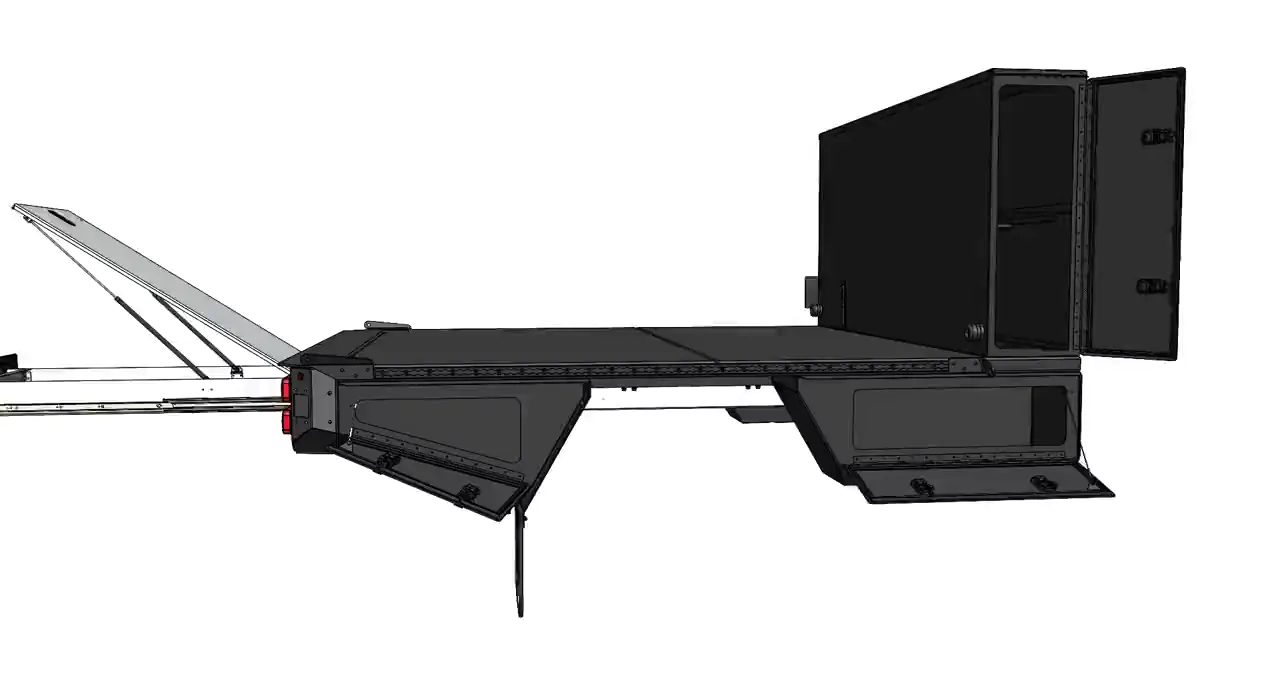 Engineering render of the Aluma Tray 8 foot flatbed turning a full circle with the 14 inch rectangular bulkhead, its side door open on the interior shelf and the folding stairs extended
