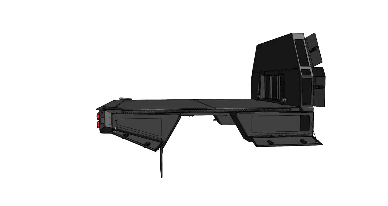 Engineering render of the Aluma Tray 8 foot flatbed turning a full circle with the 7 inch tapered bulkhead, its compartment doors and the under-deck storage boxes open