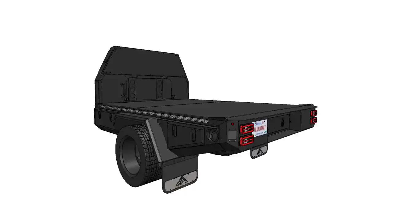 Engineering render of the Aluma Tray HD-60 flatbed turning a full circle with every door shut, showing the deck, the full width tapered bulkhead, the dually fenders and the weighted mudflaps