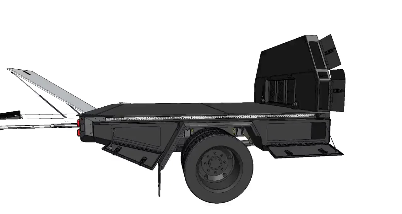 Engineering render of the Aluma Tray HD-60 flatbed turning a full circle with the under-deck storage box doors, both bulkhead compartments and the folding stairs open